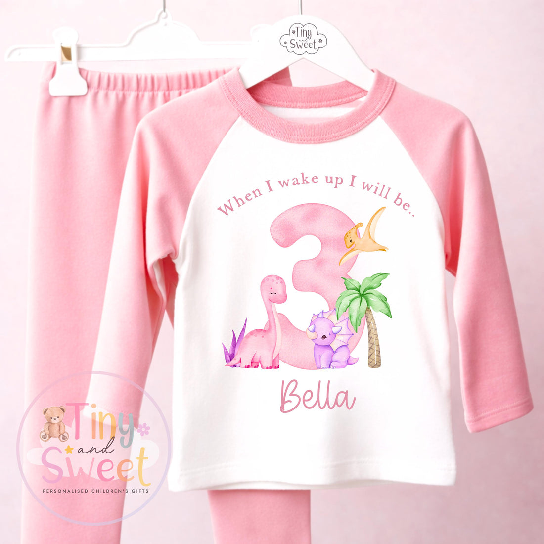 Pink Girly Dinosaur Personalised Birthday Pyjamas, When I Wake up i will be .. - 100% Cotton