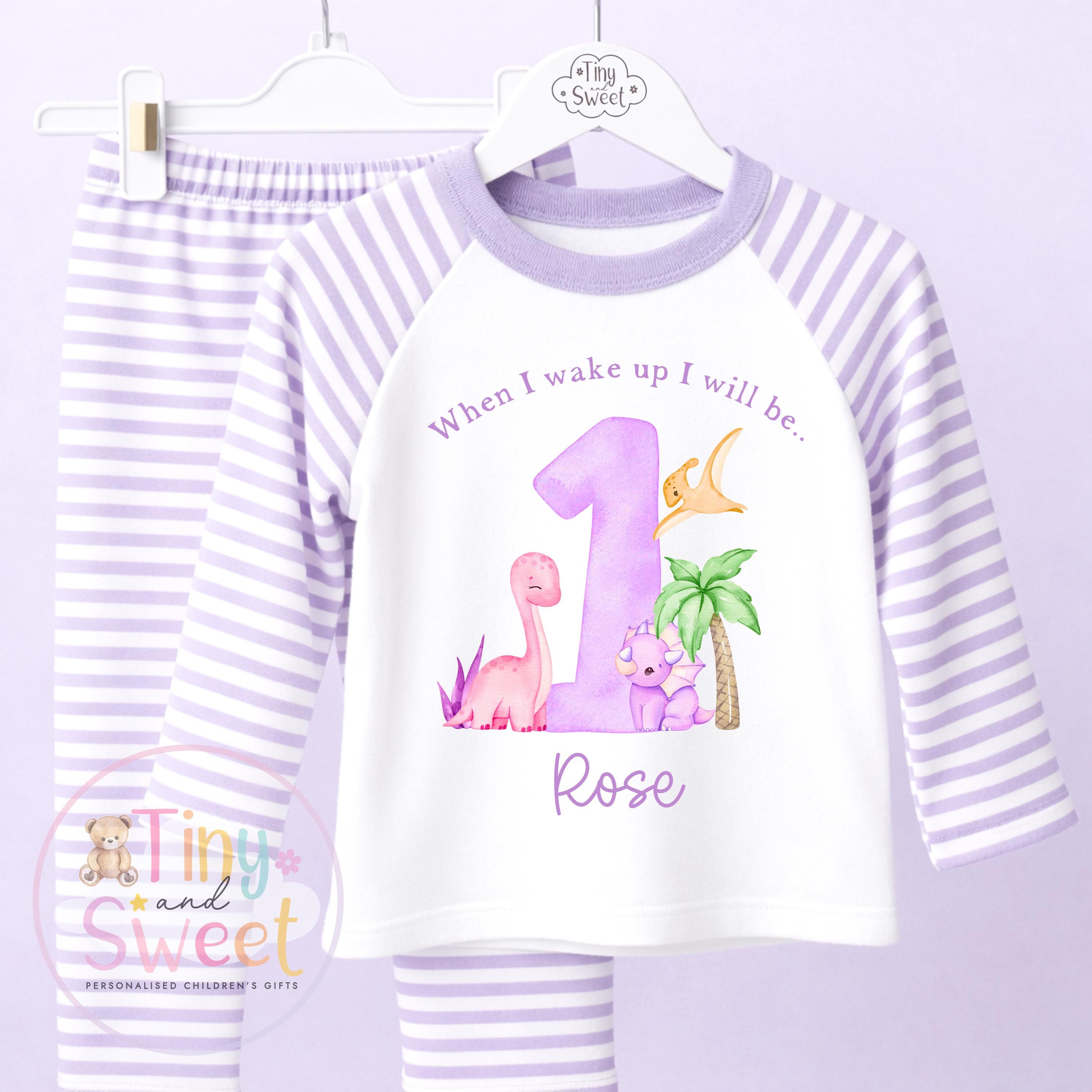 Purple Girly Dinosaur Personalised Birthday Pyjamas, When I Wake up i will be .. - 100% Cotton