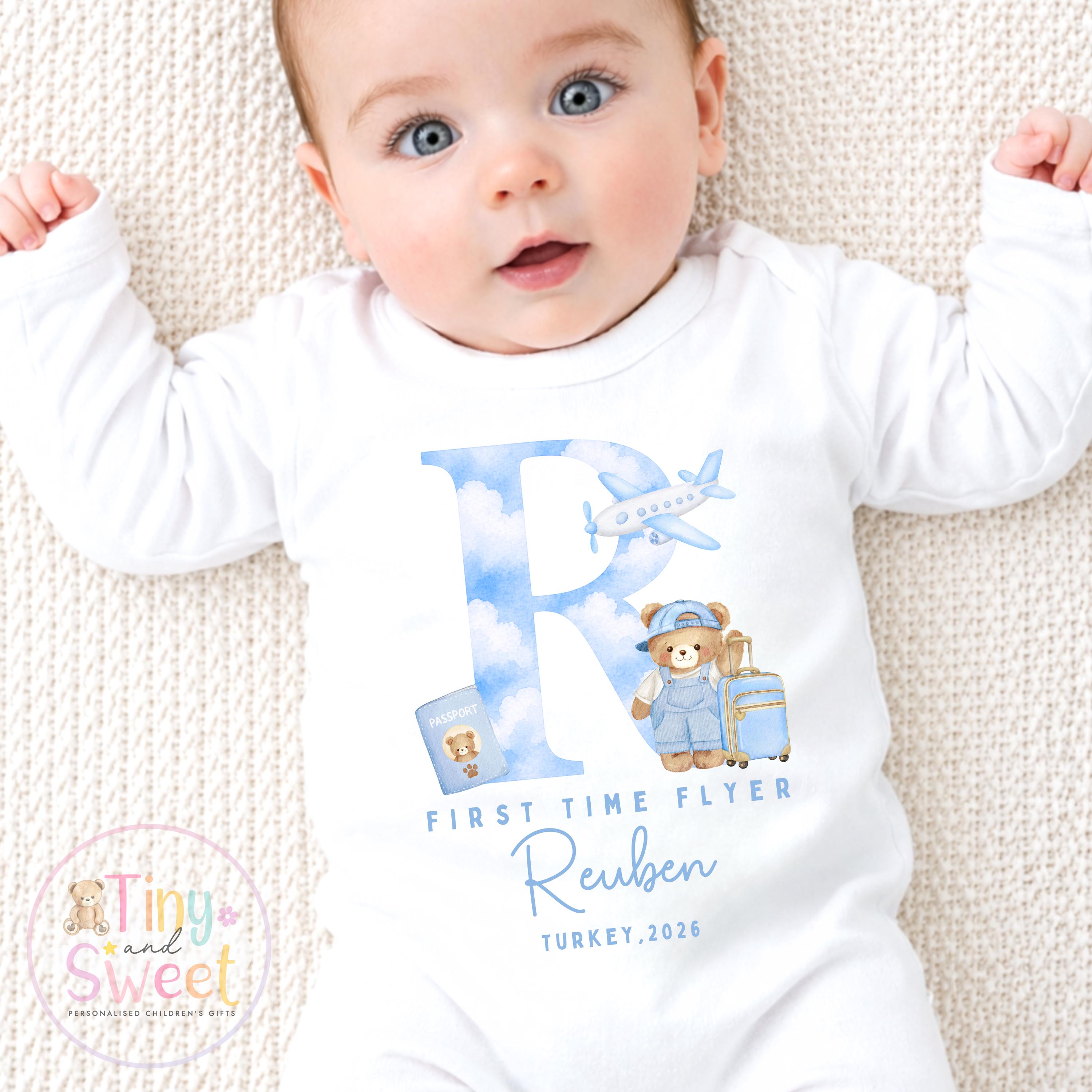 Personalised First Flight Baby T Shirt, First Time Flyer Sleepsuit, Baby’s First Holiday Outfit, Custom Babygrow Gift