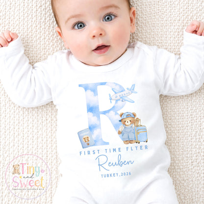 Personalised First Flight Baby T Shirt, First Time Flyer Sleepsuit, Baby’s First Holiday Outfit, Custom Babygrow Gift