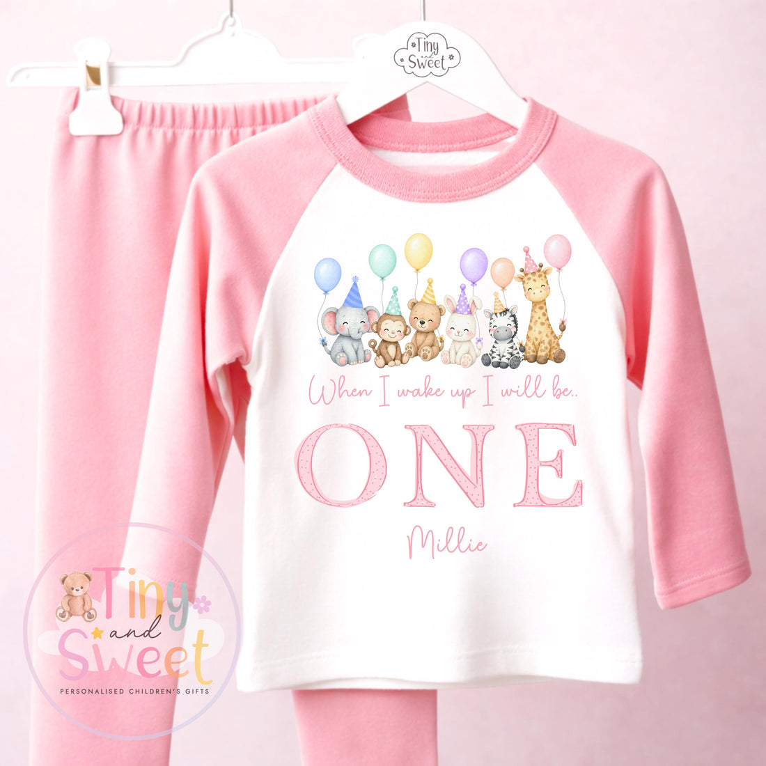 Pink Birthday Party Animals Personalised Birthday Pyjamas, Teddy Bears When I wake up I will be .. - 100% Cotton