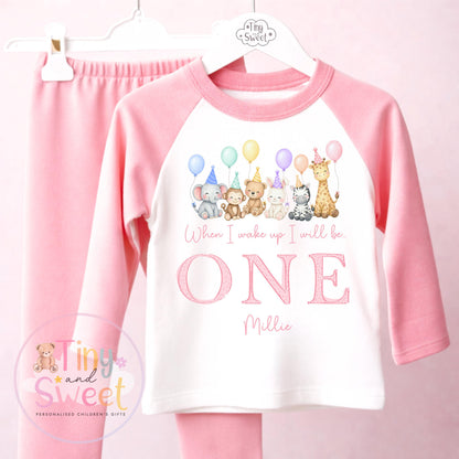 Pink Birthday Party Animals Personalised Birthday Pyjamas, Teddy Bears When I wake up I will be .. - 100% Cotton