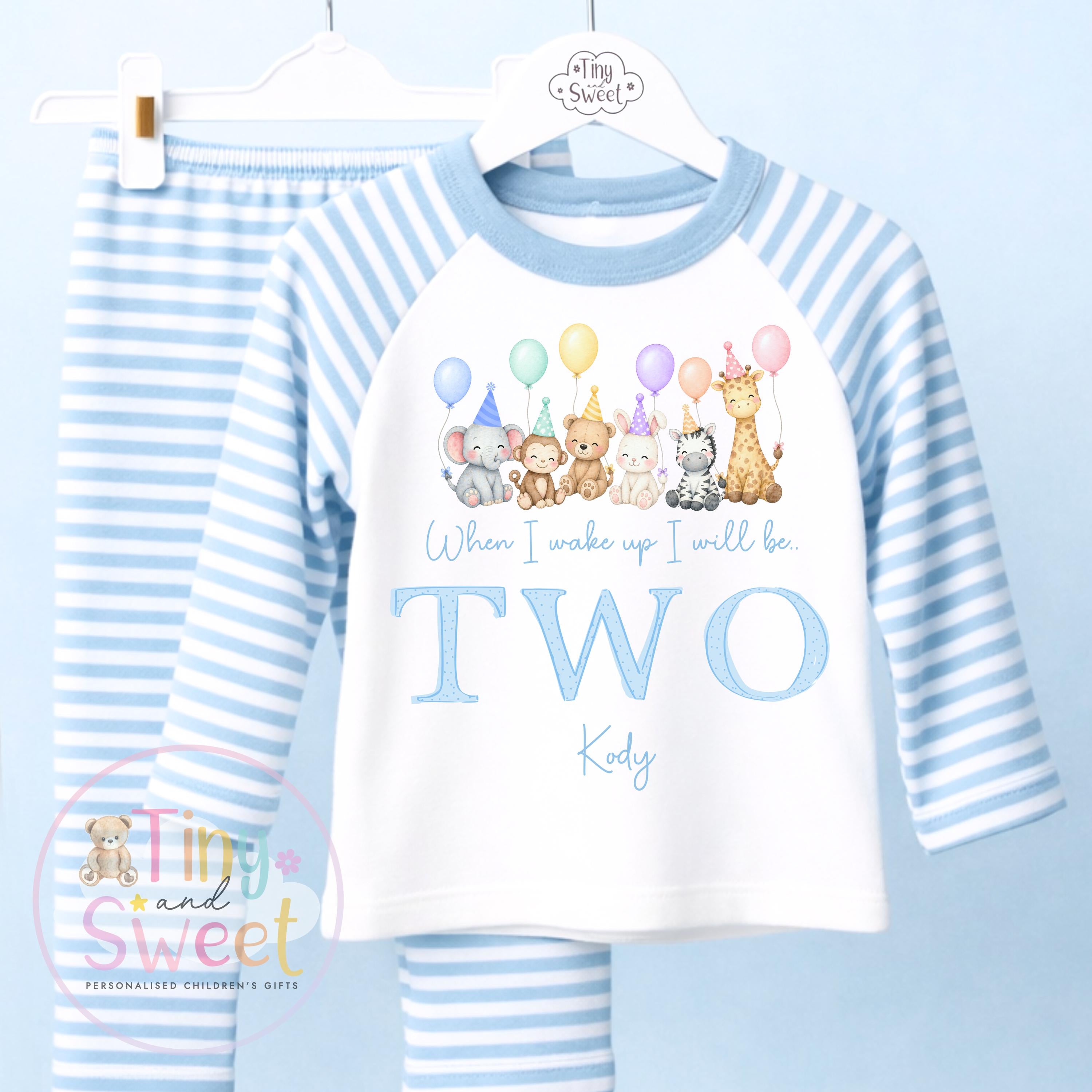 Blue Birthday Party Animals Personalised Birthday Pyjamas, Teddy Bears When I wake up I will be .. - 100% Cotton
