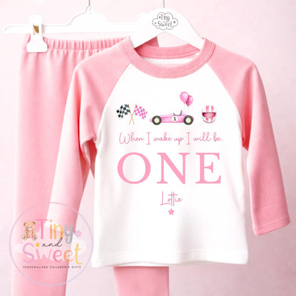 Personalised Pink Racing Birthday Pyjamas, Any Age, When I Wake Up Birthday Pjs, Girls Birthday Eve Outfit, 1st 2nd 3rd 4th
