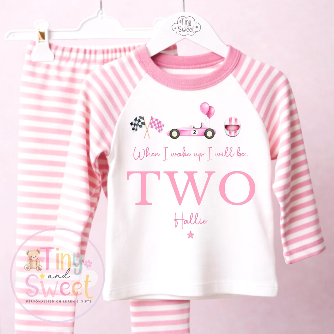 Personalised Pink Racing Birthday Pyjamas, Any Age, When I Wake Up Birthday Pjs, Girls Birthday Eve Outfit, 1st 2nd 3rd 4th