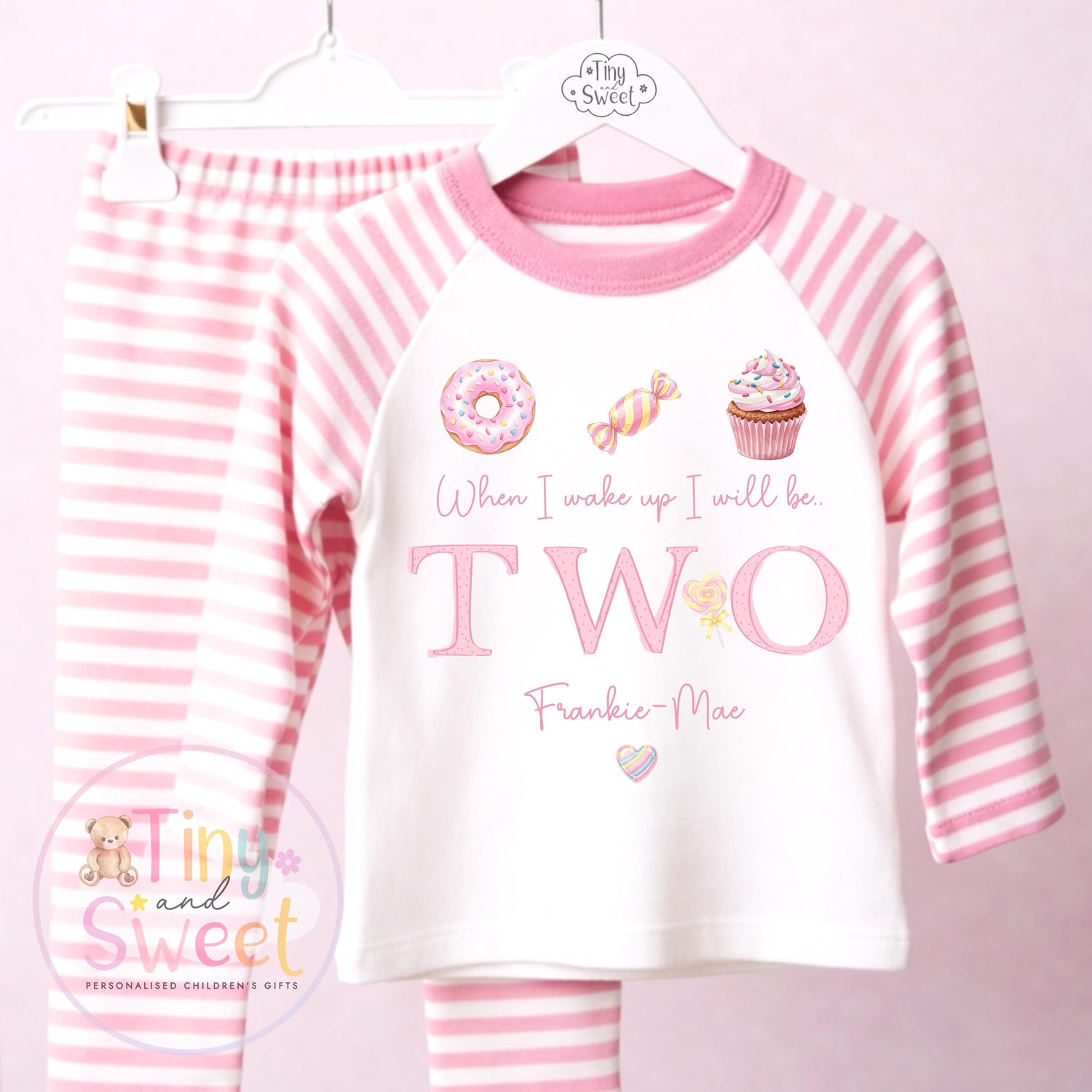 Personalised Pink Sweets Birthday Pyjamas, Any Age, When I Wake Up Birthday Pjs, Girls Birthday Eve Outfit, 1st 2nd 3rd 4th
