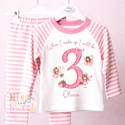 Personalised Strawberry Fairy Birthday Pyjamas, Any Age, When I Wake Up Birthday Pjs, Girls Birthday Eve Outfit, 1st 2nd 3rd 4th