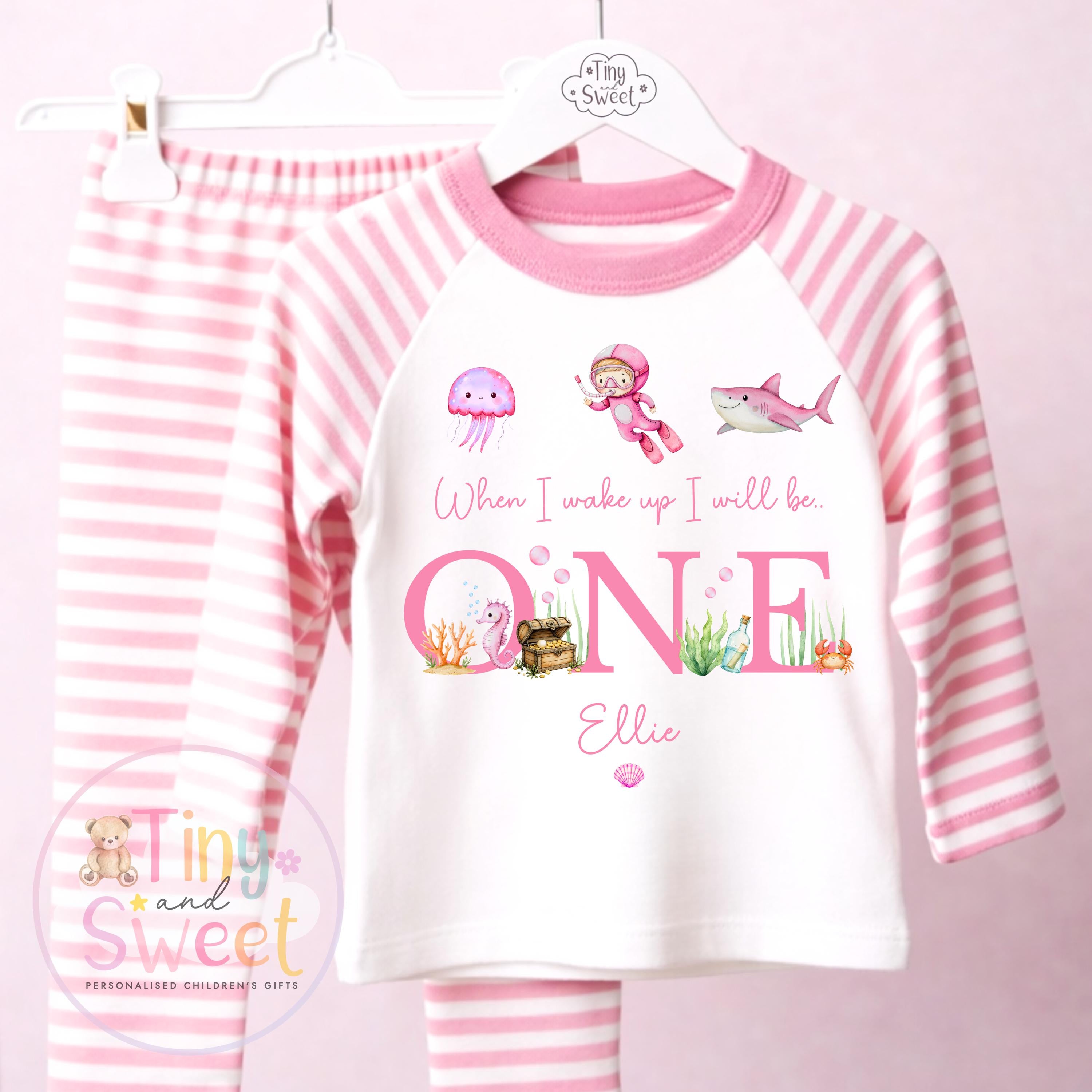 Personalised Pink Under The Sea Birthday Pyjamas, Ocean, Any Age, When I Wake Up Birthday Pjs, Girls Birthday Eve Outfit, 1st 2nd 3rd 4th