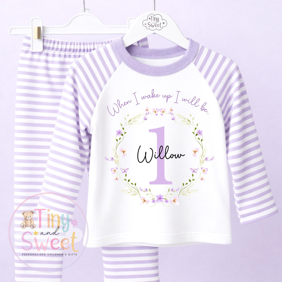 Personalised Purple Wildflower Birthday Pyjamas, Any Age, When I Wake Up Birthday Pjs, Girls Birthday Eve Outfit, 1st 2nd 3rd 4th