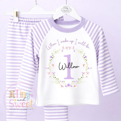 Personalised Purple Wildflower Birthday Pyjamas, Any Age, When I Wake Up Birthday Pjs, Girls Birthday Eve Outfit, 1st 2nd 3rd 4th