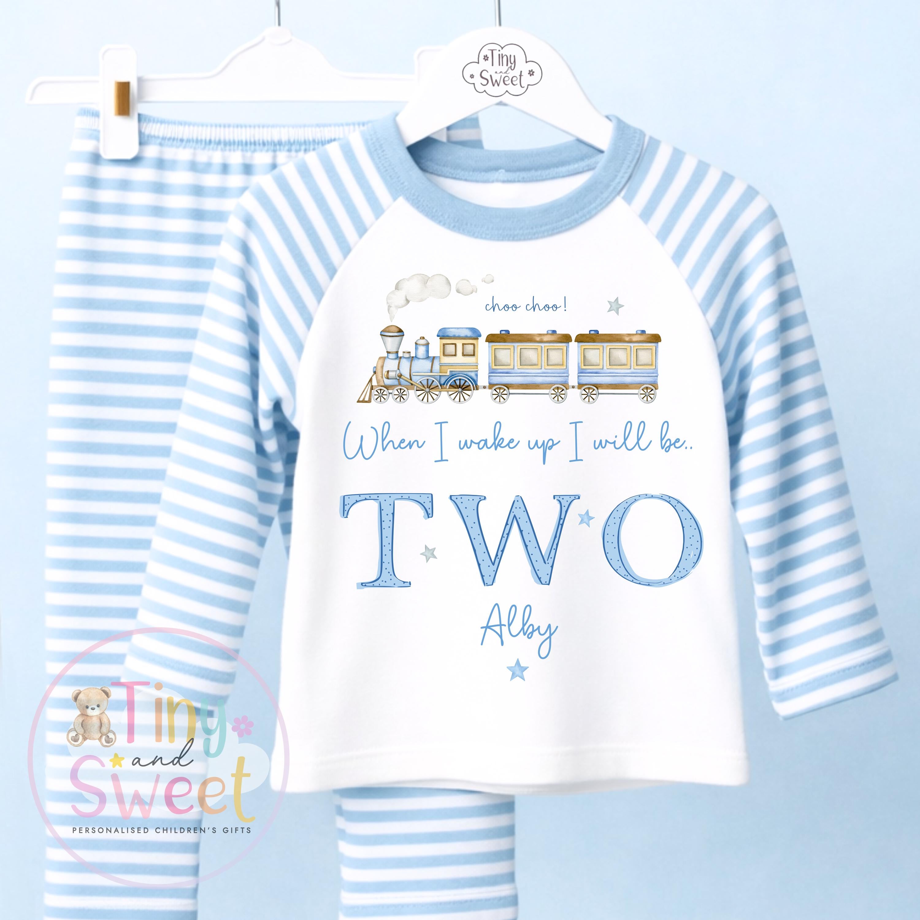 Personalised Blue Train Birthday Pyjamas, Any Age, When I Wake Up Birthday Pjs, Boys Birthday Eve Outfit, 1st 2nd 3rd