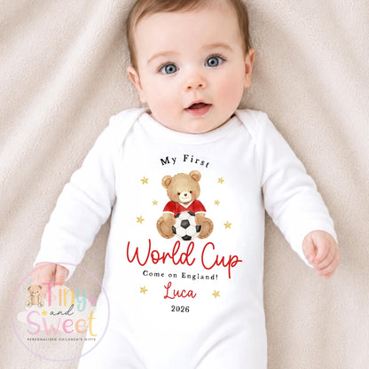 My First World Cup 2026 Baby Grow, Personalised England Baby Vest, Custom Name Football Fan Bodysuit, England Baby Gift