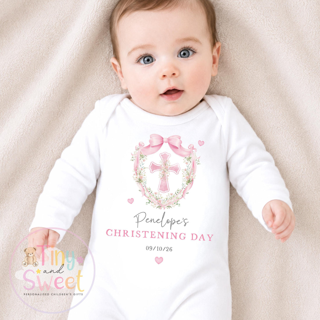 Personalised Christening Babygrow, Baptism Gift, Holy Communion, Custom Baby Girl Christening Gift, Cotton Sleepsuit