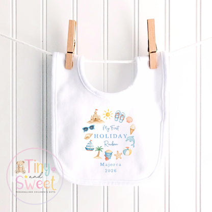 My First Holiday Sleepsuit, Personalised Baby Travel Outfit, Baby’s First Holiday T Shirt, Cute Summer Travel Outfit, My First Holiday