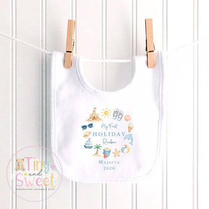 My First Holiday Sleepsuit, Personalised Baby Travel Outfit, Baby’s First Holiday T Shirt, Cute Summer Travel Outfit, My First Holiday