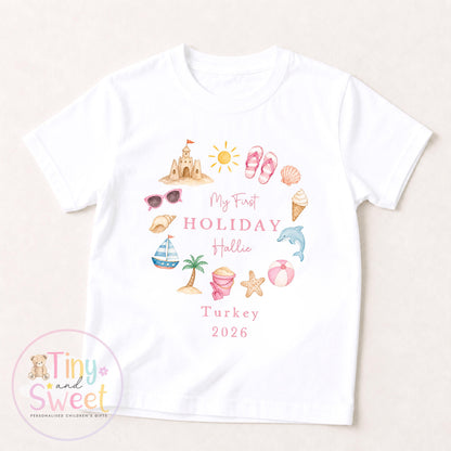 My First Holiday Sleepsuit, Personalised Baby Travel Outfit, Baby’s First Holiday T Shirt, Cute Summer Travel Outfit, My First Holiday