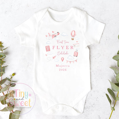 Personalised First Flight Baby Sleepsuit, First Time Flyer T Shirt, Baby’s First Holiday Outfit, Custom Babygrow Gift