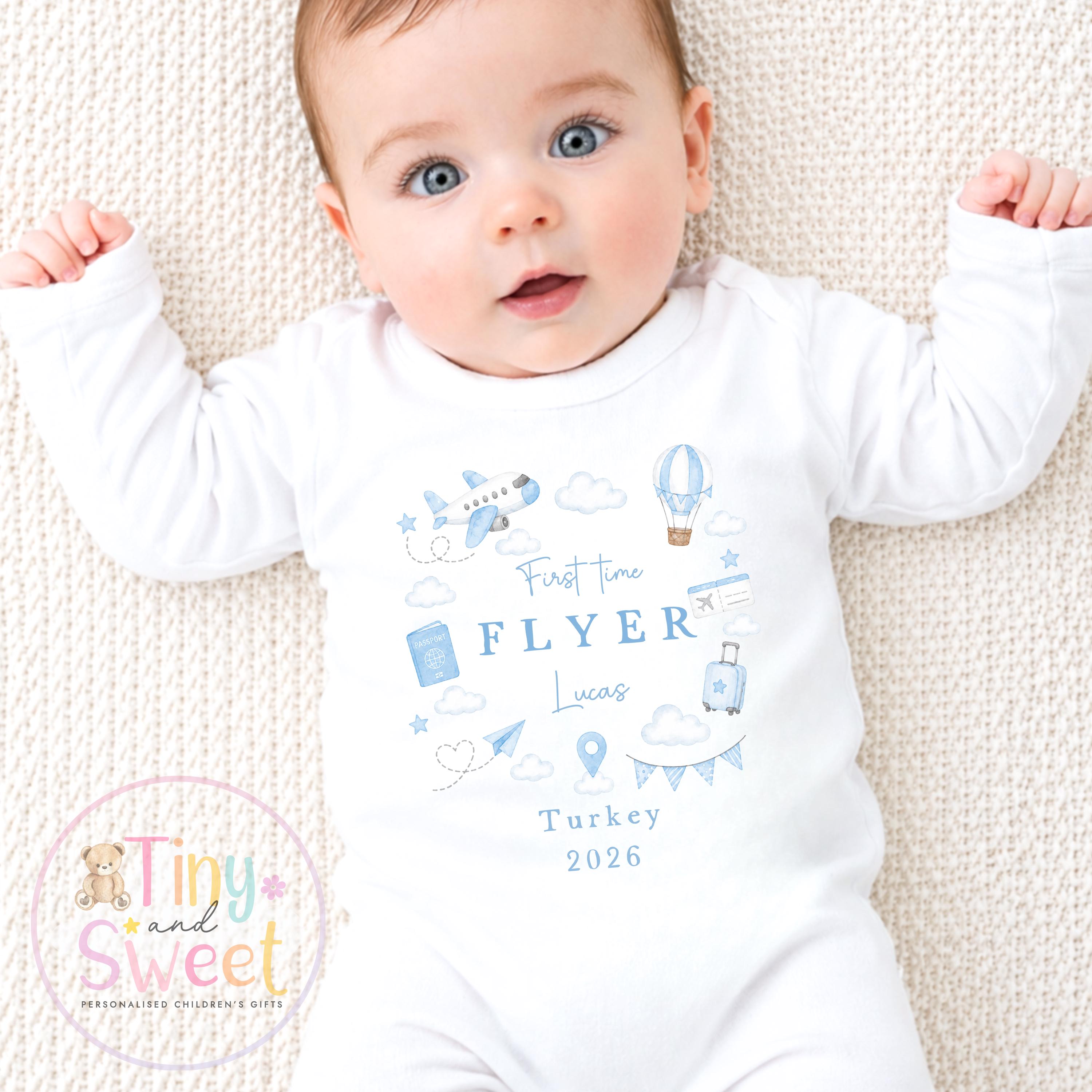 Personalised First Flight Baby T Shirt, First Time Flyer Sleepsuit, Baby’s First Holiday Outfit, Custom Babygrow Gift