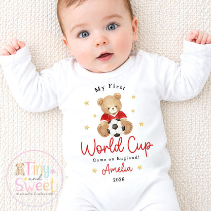 My First World Cup 2026 Baby Grow, Personalised England Baby Vest, Custom Name Football Fan Bodysuit, England Baby Gift
