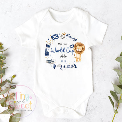 My First World Cup 2026 Baby T Shirt or Sleepsuit, Toddler Kids, Personalised Scotland Kids Football Shirt, Gift For Scotland World Cup