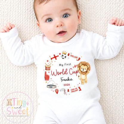 My First World Cup 2026 Baby Sleepsuit or Toddler T Shirt, Personalised England Kids Football Shirt, Gift For England World Cup, England Fan