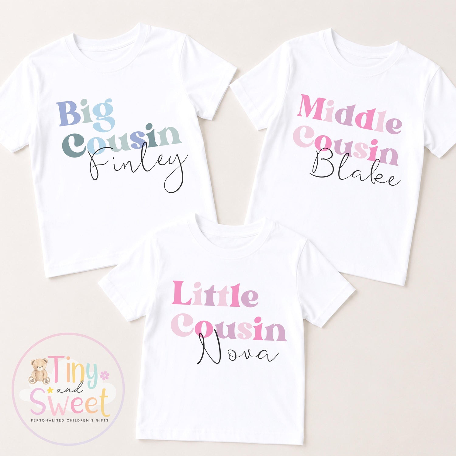 Personalised Pastel Big Cousin, Middle Cousin, Little Cousin, T-Shirts for Kids - Pregnancy Announcement Gift &amp; New Family Member Reveal