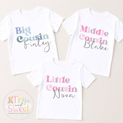 Personalised Pastel Big Cousin, Middle Cousin, Little Cousin, T-Shirts for Kids - Pregnancy Announcement Gift &amp; New Family Member Reveal
