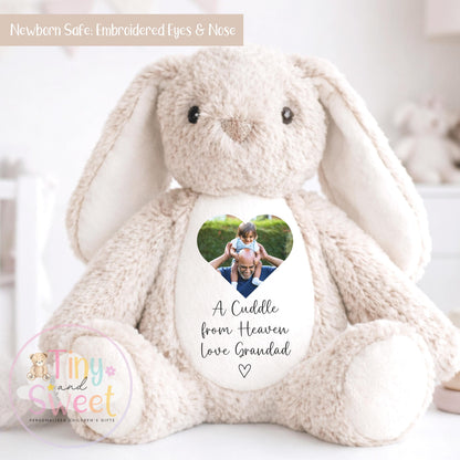 A Cuddle from Heaven , Memory Bunny Photo Keepsake, Remembrance Gift, Personalised Photo Soft Toy Keepsake