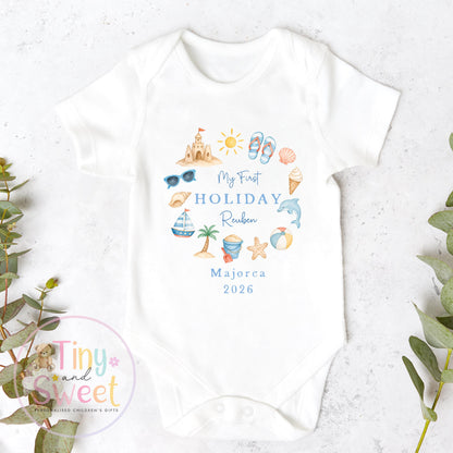 My First Holiday Sleepsuit, Personalised Baby Travel Outfit, Baby’s First Holiday T Shirt, Cute Summer Travel Outfit, My First Holiday