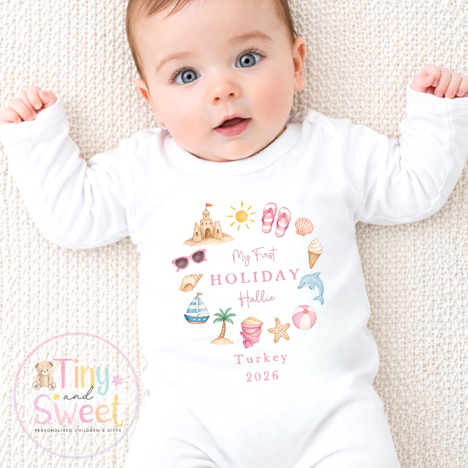 My First Holiday Sleepsuit, Personalised Baby Travel Outfit, Baby’s First Holiday T Shirt, Cute Summer Travel Outfit, My First Holiday
