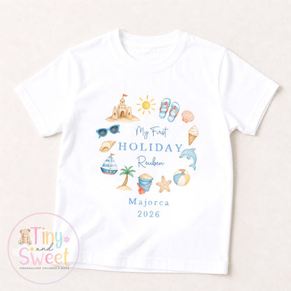 My First Holiday Sleepsuit, Personalised Baby Travel Outfit, Baby’s First Holiday T Shirt, Cute Summer Travel Outfit, My First Holiday