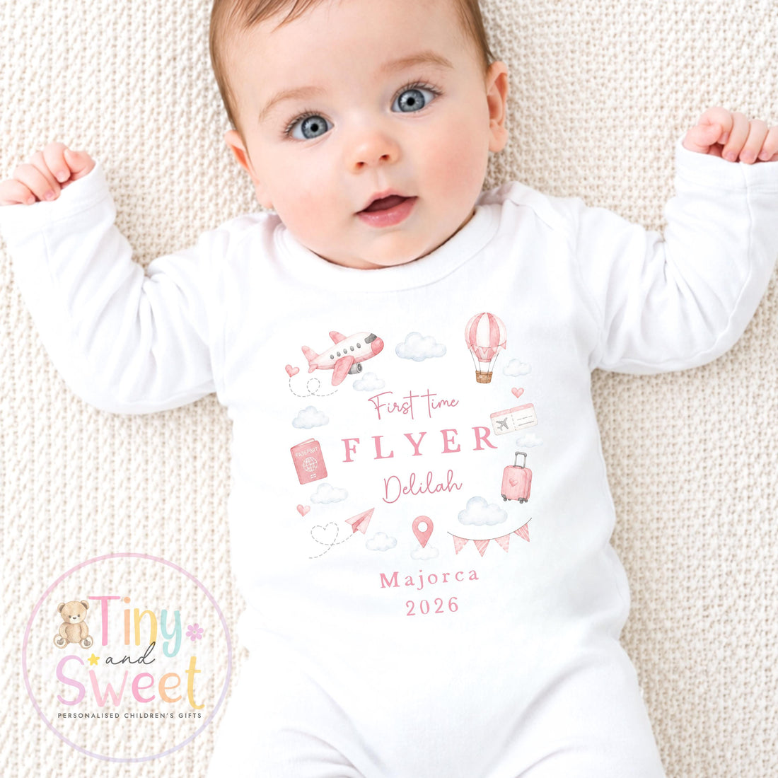 Personalised First Flight Baby Sleepsuit, First Time Flyer T Shirt, Baby’s First Holiday Outfit, Custom Babygrow Gift