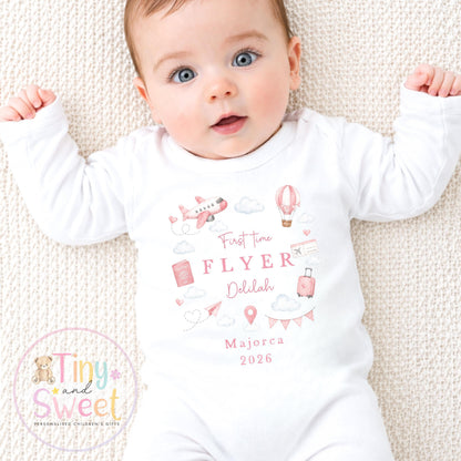 Personalised First Flight Baby Sleepsuit, First Time Flyer T Shirt, Baby’s First Holiday Outfit, Custom Babygrow Gift