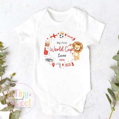 My First World Cup 2026 Baby Sleepsuit or Toddler T Shirt, Personalised England Kids Football Shirt, Gift For England World Cup, England Fan