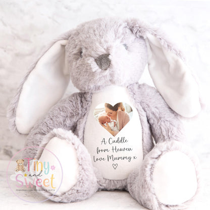 A Cuddle from Heaven , Memory Bunny Photo Keepsake, Remembrance Gift, Personalised Photo Soft Toy Keepsake