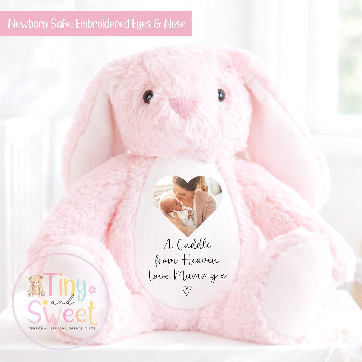 A Cuddle from Heaven , Memory Bunny Photo Keepsake, Remembrance Gift, Personalised Photo Soft Toy Keepsake