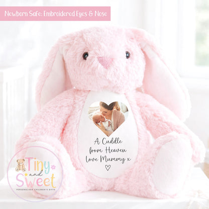 A Cuddle from Heaven , Memory Bunny Photo Keepsake, Remembrance Gift, Personalised Photo Soft Toy Keepsake