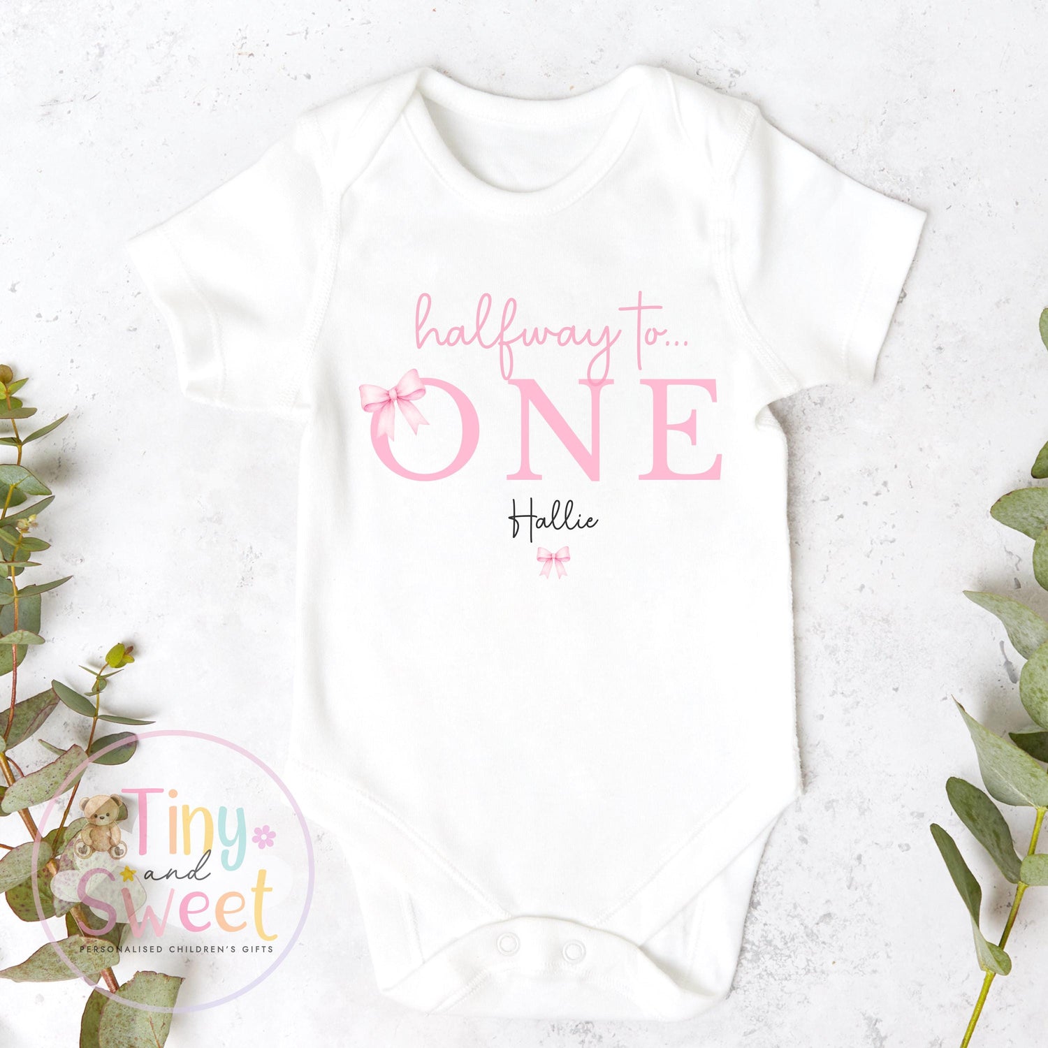 Half Birthday Bow Sleepsuits &amp; T-Shirts for 6-Month-Old Baby Girls - Halfway to One Pink Bow Baby T-Shirt, Halfway to One Gift
