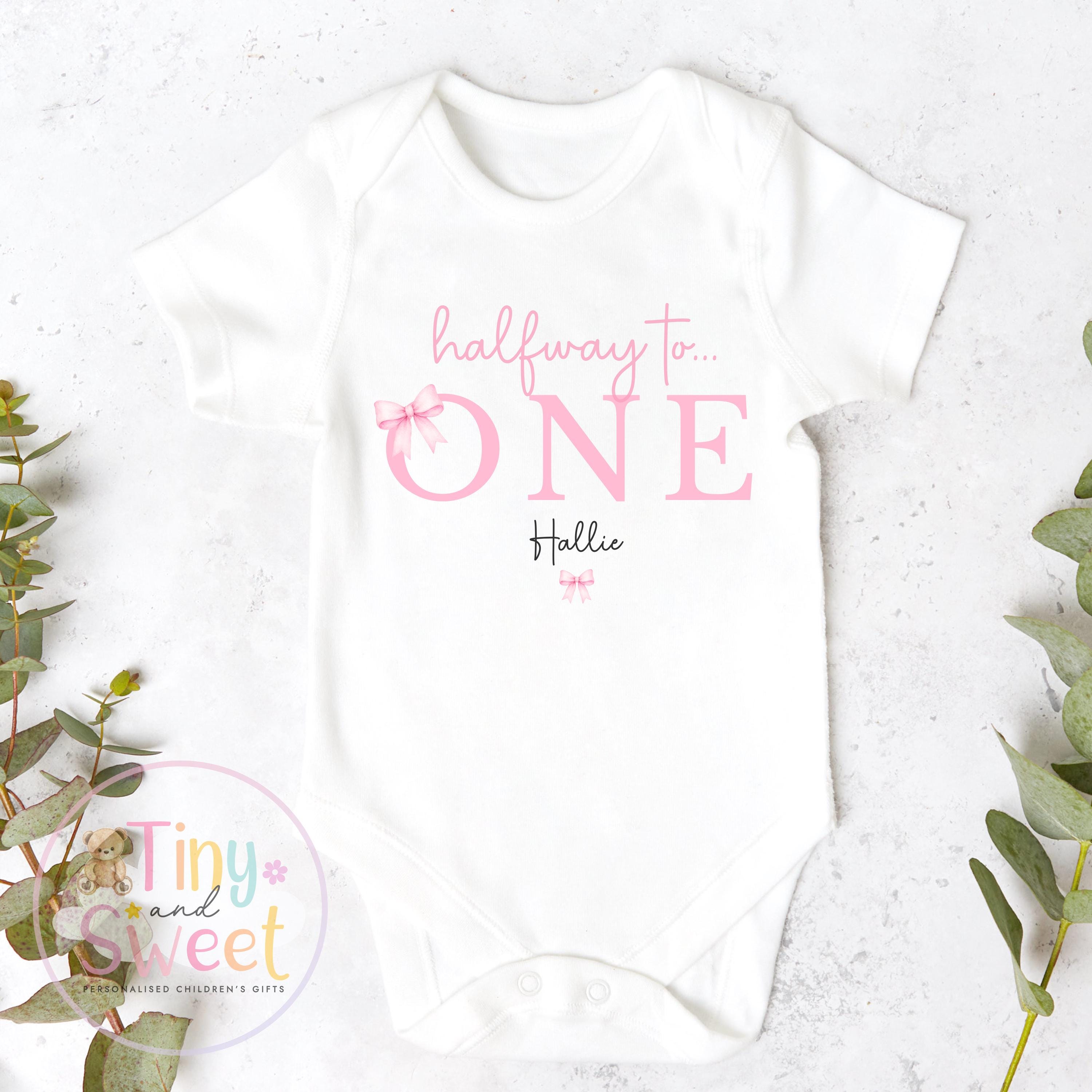 Half Birthday Bow Sleepsuits &amp; T-Shirts for 6-Month-Old Baby Girls - Halfway to One Pink Bow Baby T-Shirt, Halfway to One Gift
