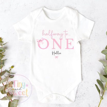 Half Birthday Bow Sleepsuits &amp; T-Shirts for 6-Month-Old Baby Girls - Halfway to One Pink Bow Baby T-Shirt, Halfway to One Gift