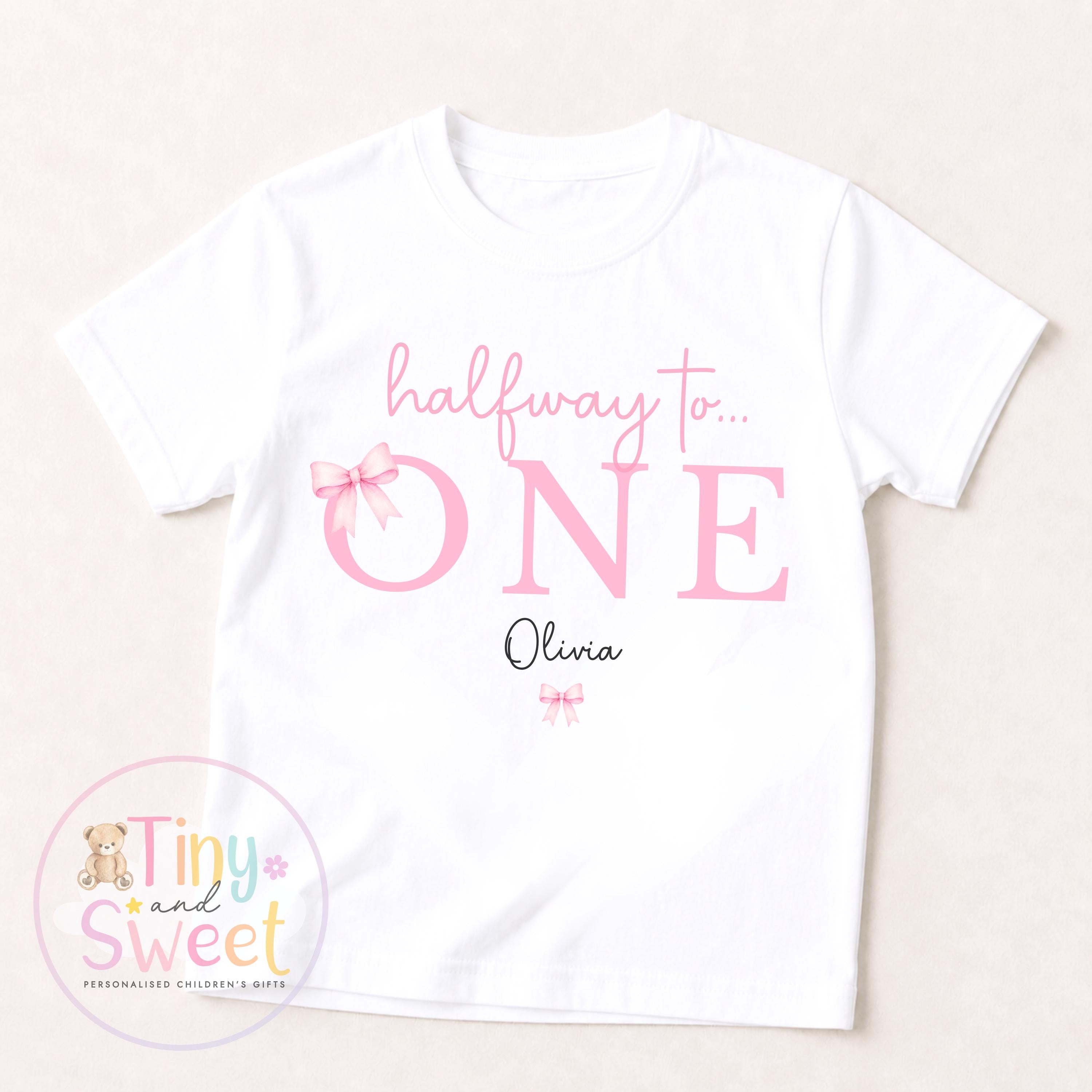 Half Birthday Bow Sleepsuits &amp; T-Shirts for 6-Month-Old Baby Girls - Halfway to One Pink Bow Baby T-Shirt, Halfway to One Gift