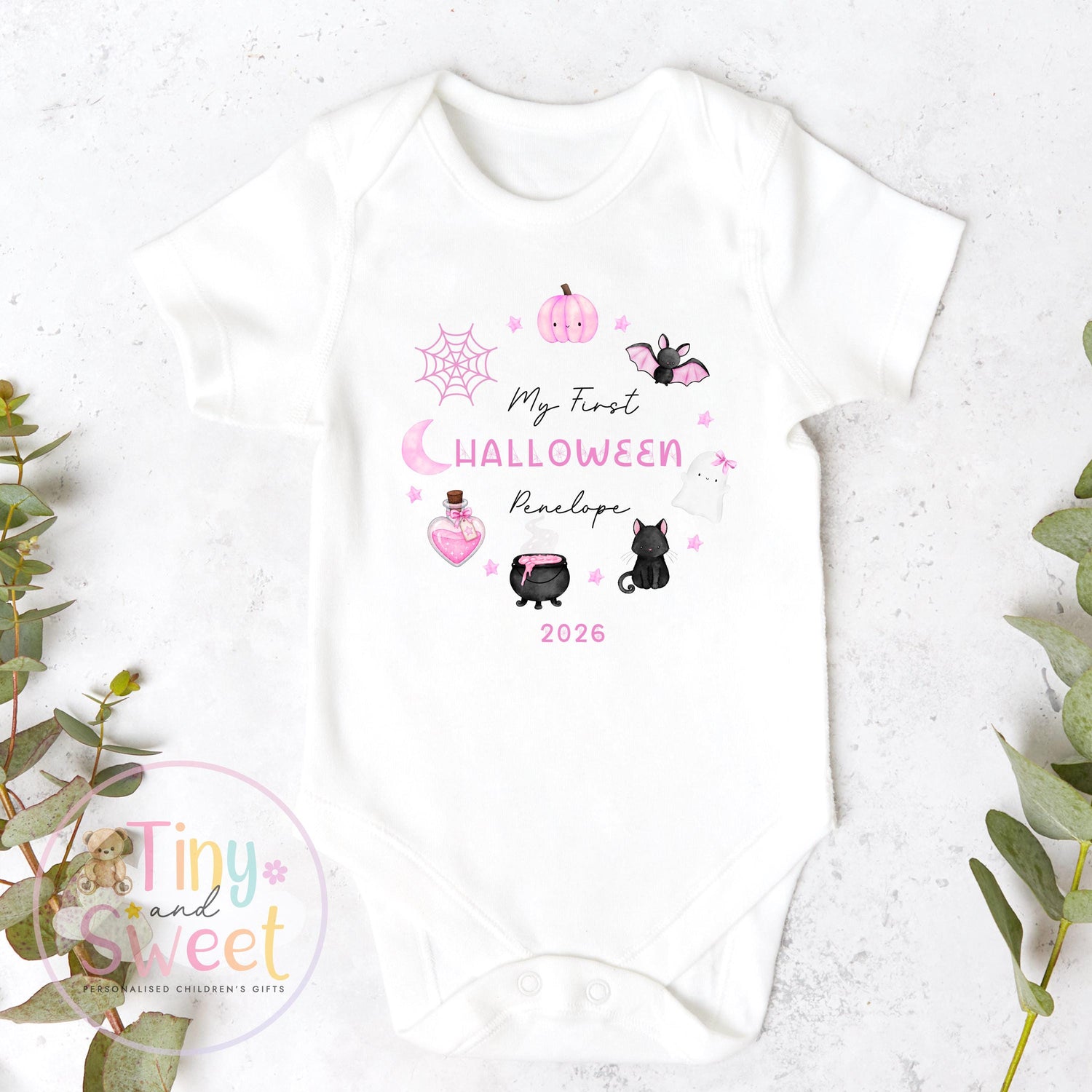 First Halloween Pink Wreath Personalised Sleepsuit