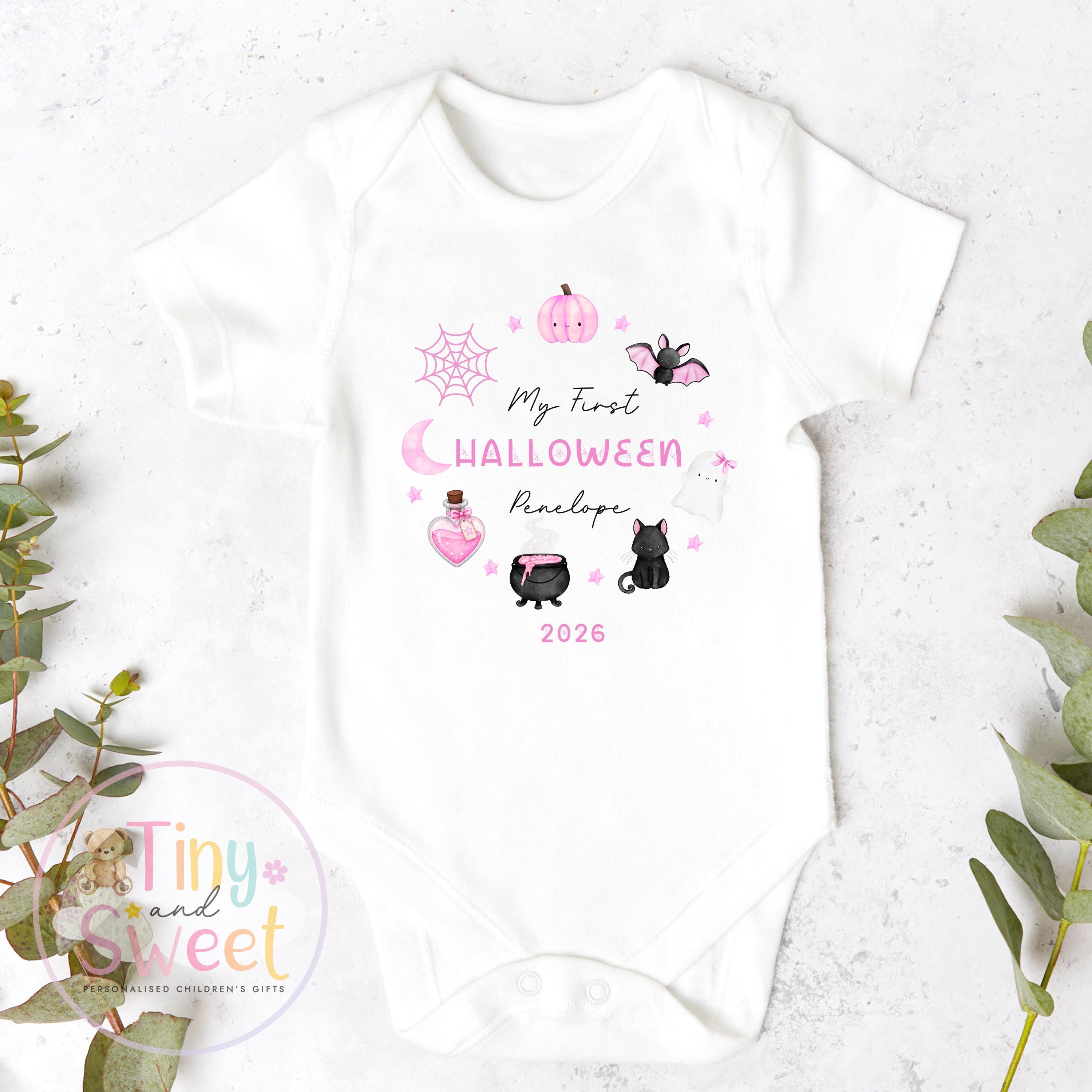 First Halloween Pink Wreath Personalised Sleepsuit