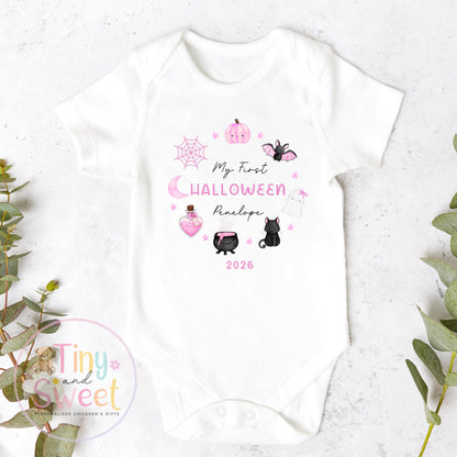 First Halloween Pink Wreath Personalised Sleepsuit