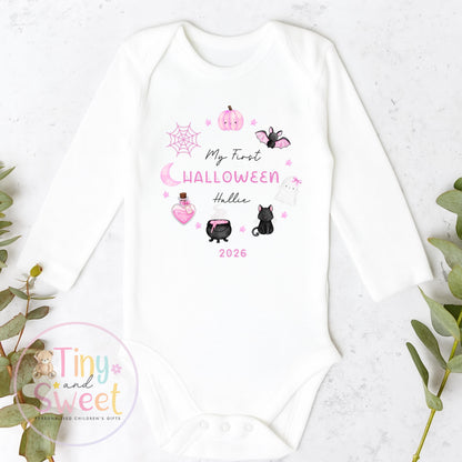 First Halloween Pink Wreath Personalised Sleepsuit