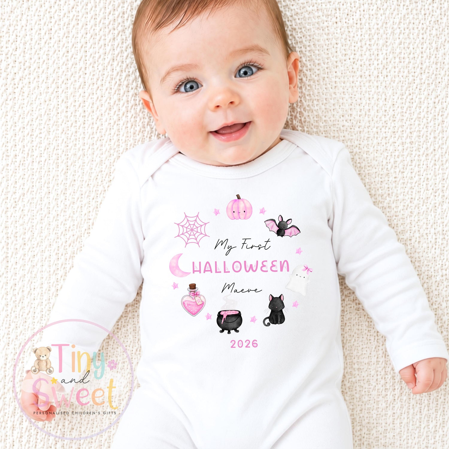 First Halloween Pink Wreath Personalised Sleepsuit