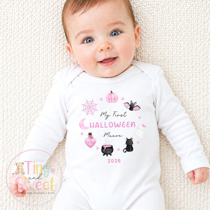 First Halloween Pink Wreath Personalised Sleepsuit