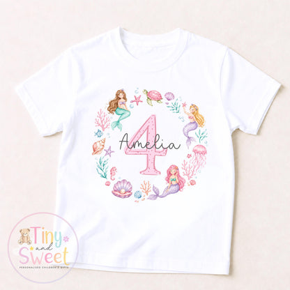 Personalised Any Age Mermaid Birthday T Shirt, Custom Pink Mermaid Birthday Tee, 1st Birthday Tshirt, 2nd, 3rd, Mermaids Theme