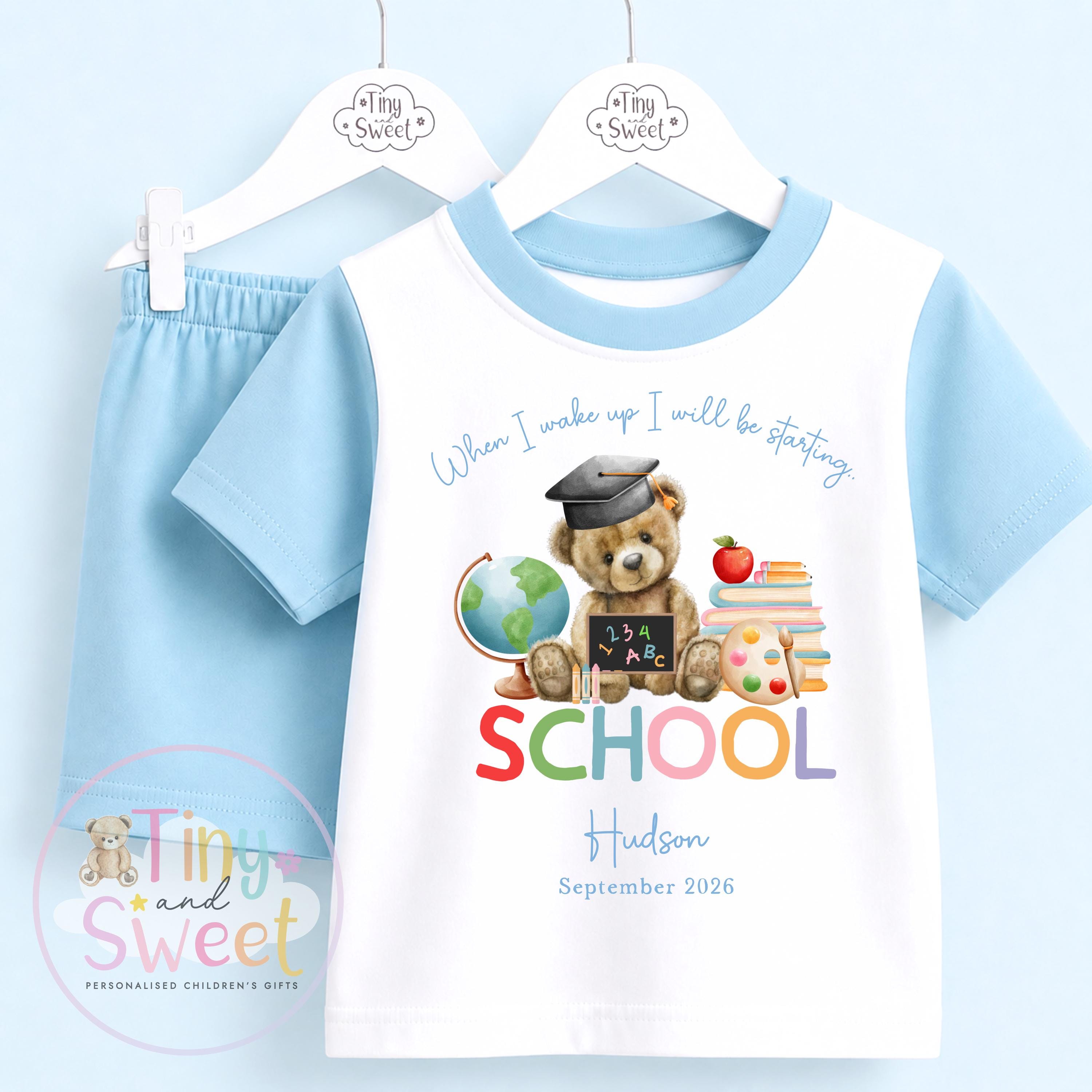 Personalised Starting School Shorts &amp; T-shirt Set, Girls or Boys Big School Cotton Clothing Set, Tight-fitting, Starting School Morning Set