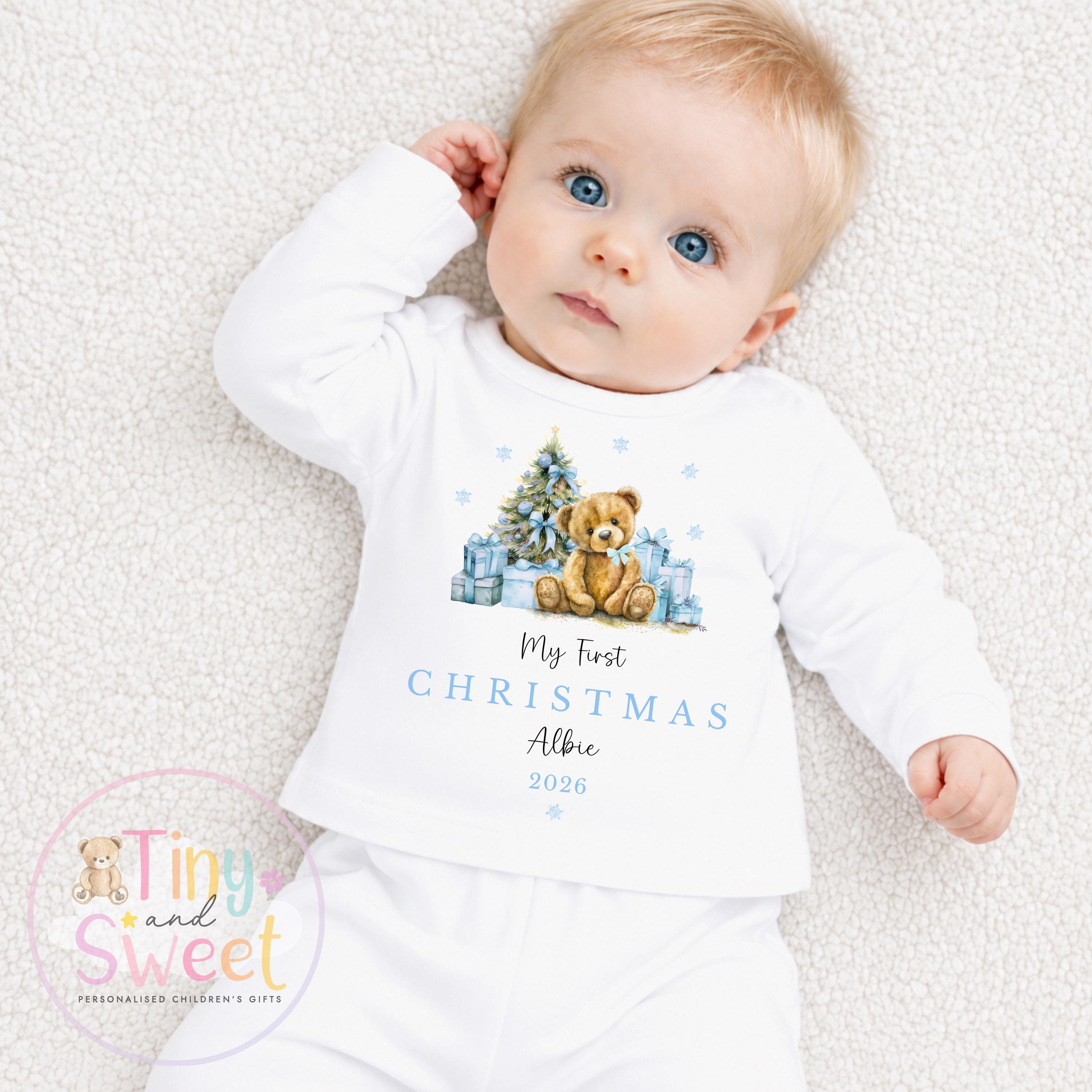 Personalised Pink/Blue Teddy My First Christmas Sleepsuit
